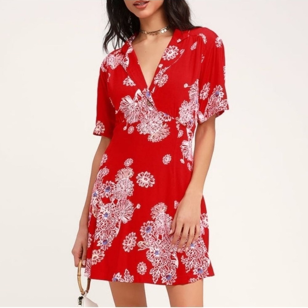 Free People Hawaii Floral Print Red Mini Dress